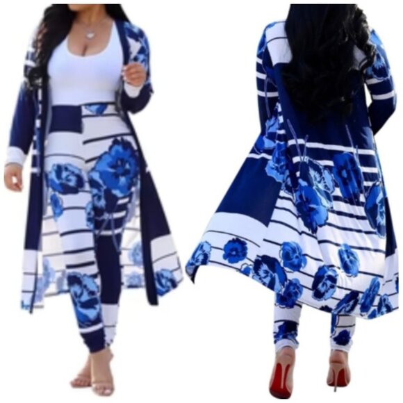Meliah White Navy Blue Stripe Florals Open Front Cardigan Leggings 2 Piece Suit - Picture 3 of 3
